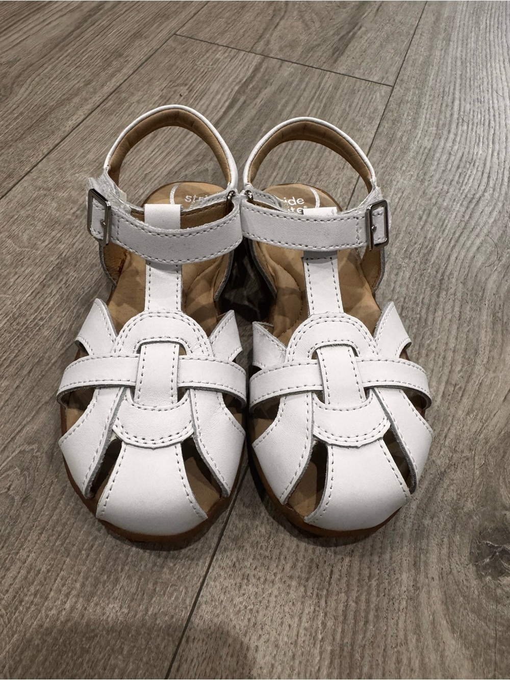 Stride Rite White Leather Woven T-Strap Kids Sandals